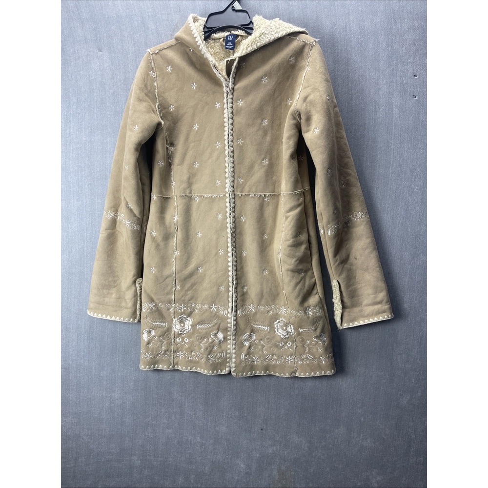 GAP Kids Faux Suede Hooded Sherpa Lined Boho Floral Embroidered Coat Size XXL